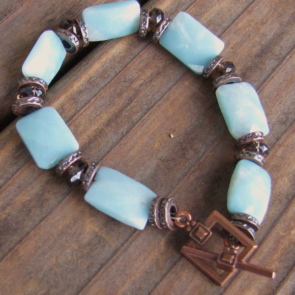 Aquarian Bohemian Art Jewelry - 7.25" Amazonite, Smoky Quartz, & Copper Artisan Bracelet